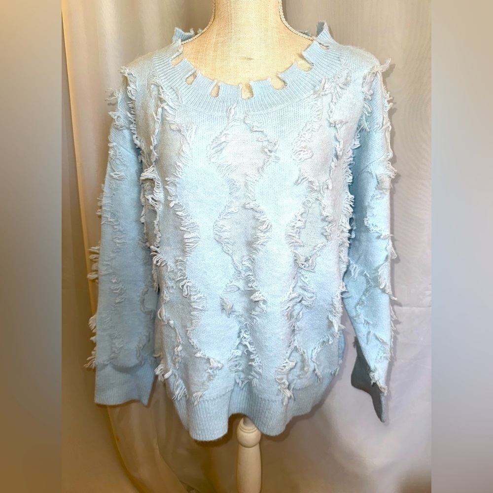 Peach Love California Fringed Light Blue distressed Sweater. Size Large VGUC.